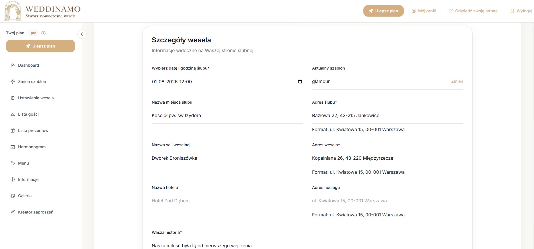 Harmonogram wesela i informacje dla gości w Weddinamo